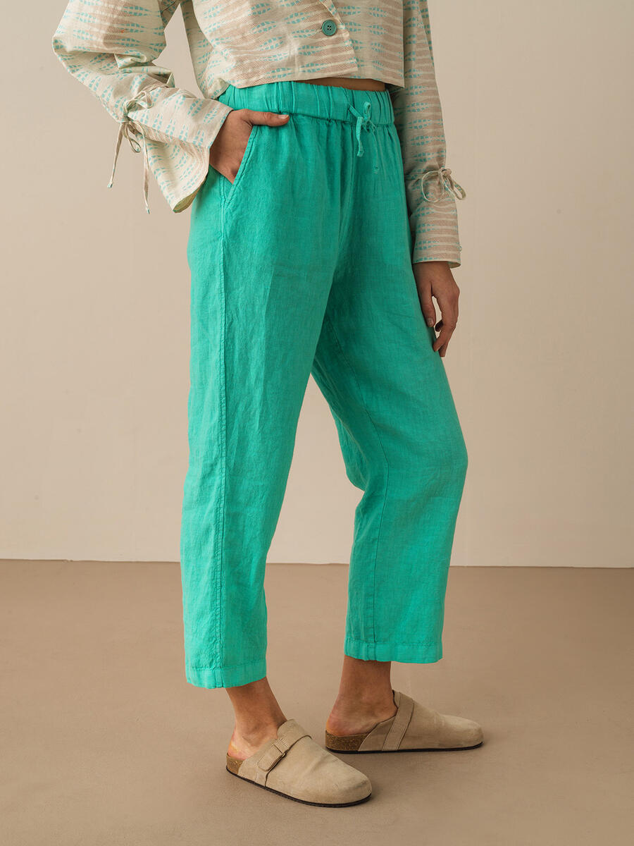 Turkuaz Regular Fit Keten Pantolon