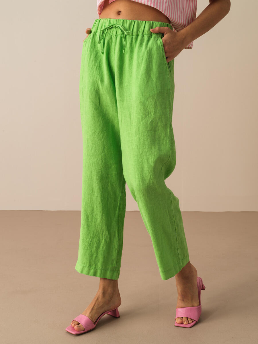Yeşil Regular Fit Keten Pantolon