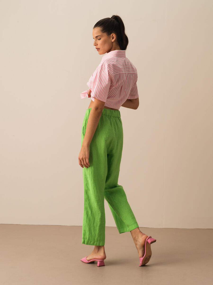 Yeşil Regular Fit Keten Pantolon - 4
