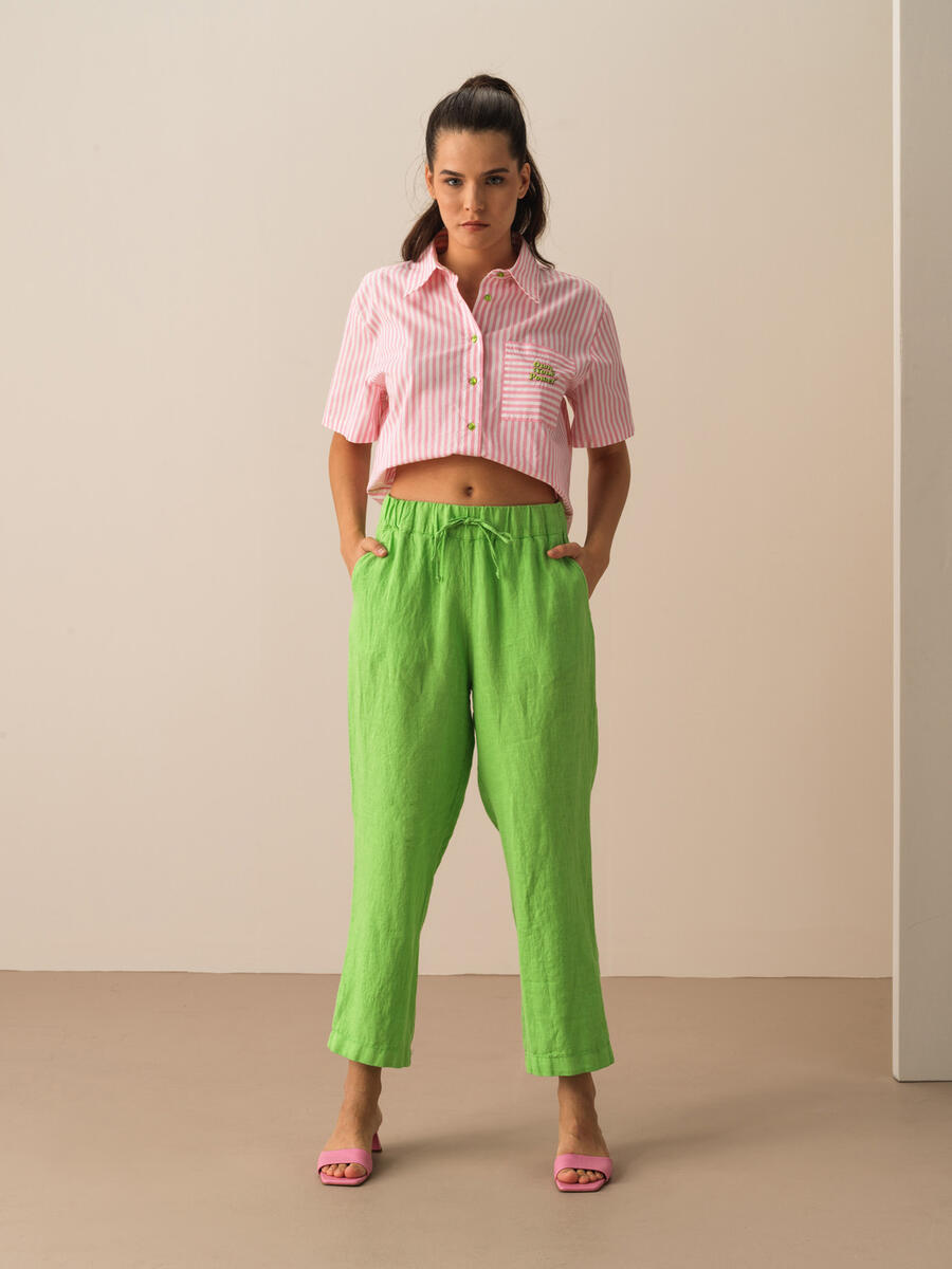 Yeşil Regular Fit Keten Pantolon - 2