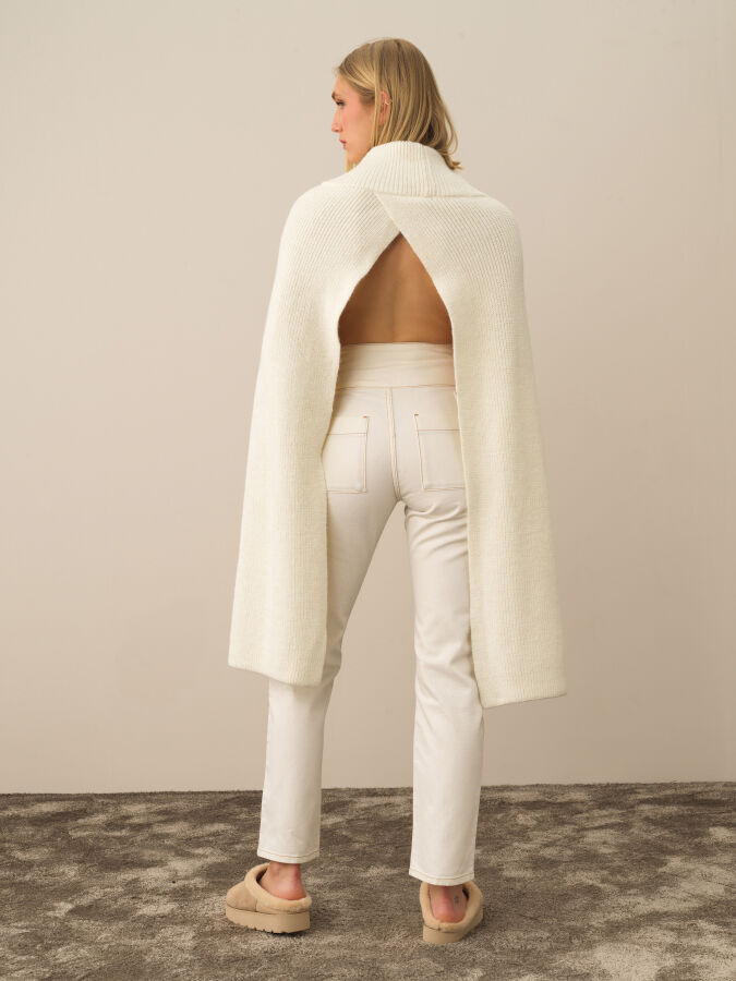 Ekru Doğal Yün Dokulu Regular Fit Pelerin - Xint