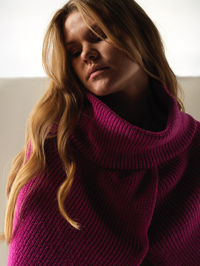 Fuşya Doğal Yün Dokulu Regular Fit Yünlü Pelerin - Xint