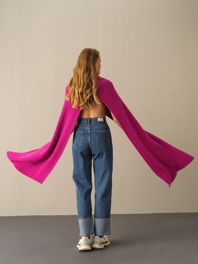 Fuşya Doğal Yün Dokulu Regular Fit Yünlü Pelerin - Xint