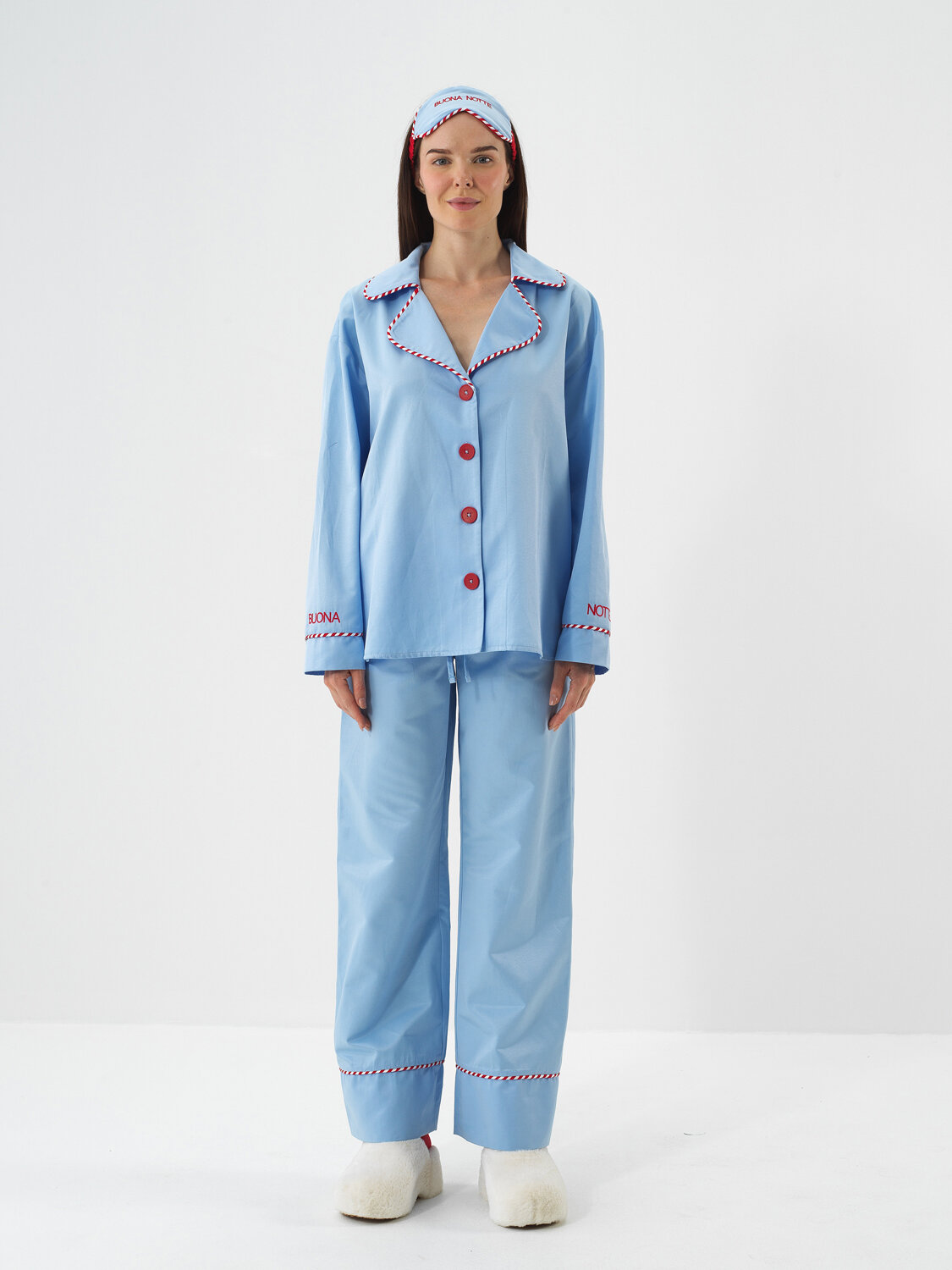 Mavi İpeksi Saten Oversize Pijama Seti - Xint