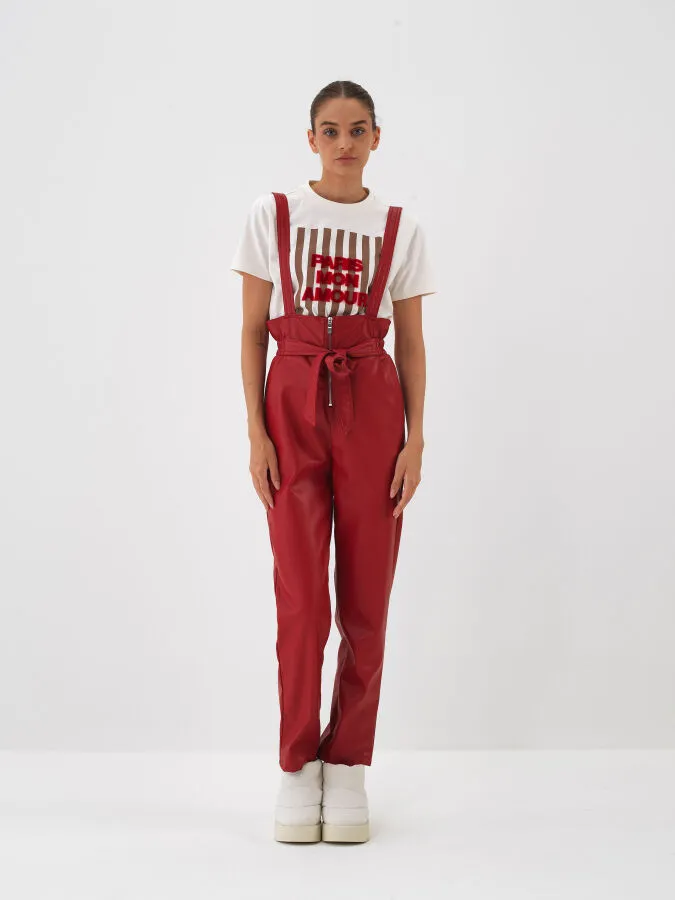 Kırmızı Deri Görünümlü Regular Fit Salopet - Xint