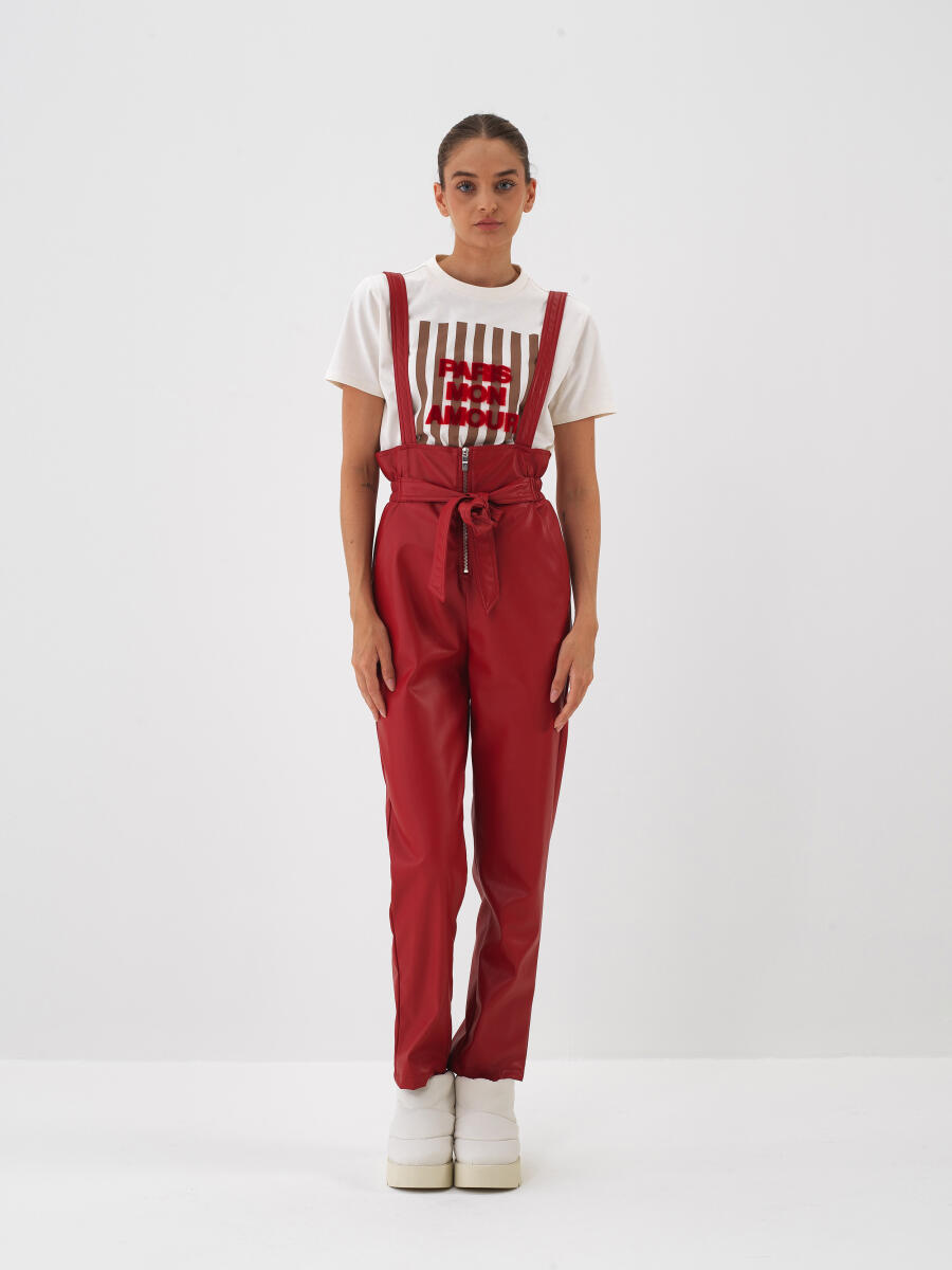 Kırmızı Deri Görünümlü Regular Fit Salopet - 2