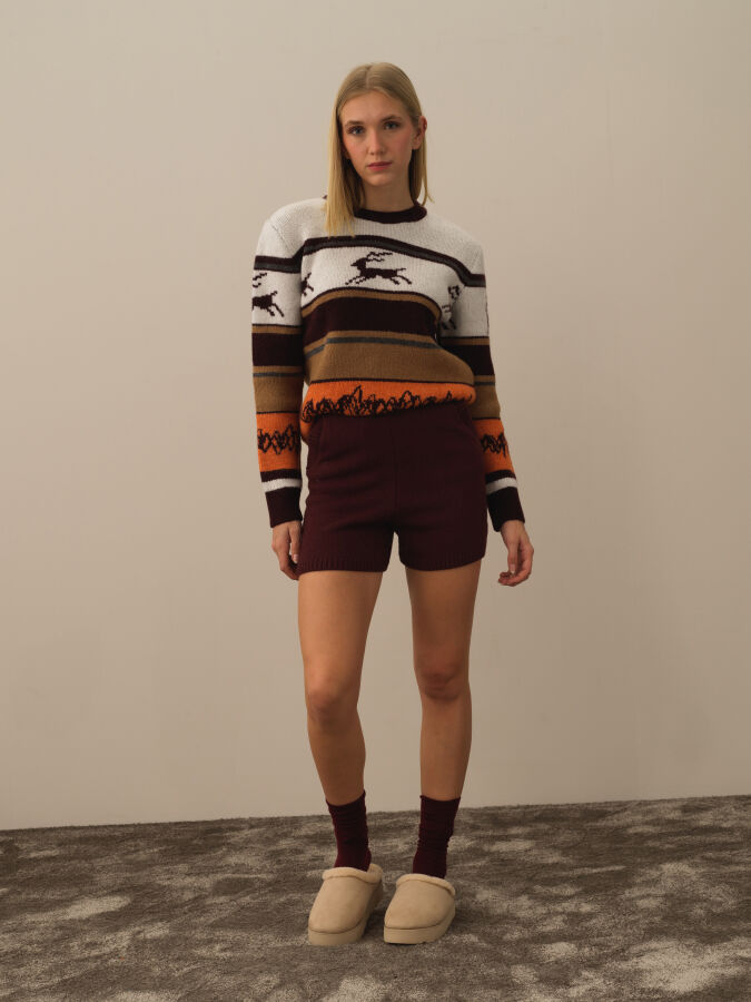 Bordo Doğal Yün Dokulu Regular Fit Şort - Xint