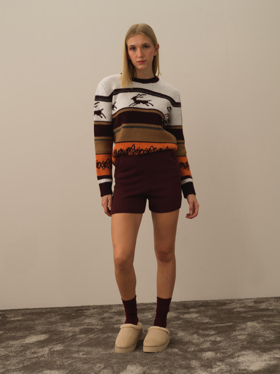 Bordo Doğal Yün Dokulu Regular Fit Şort - 2