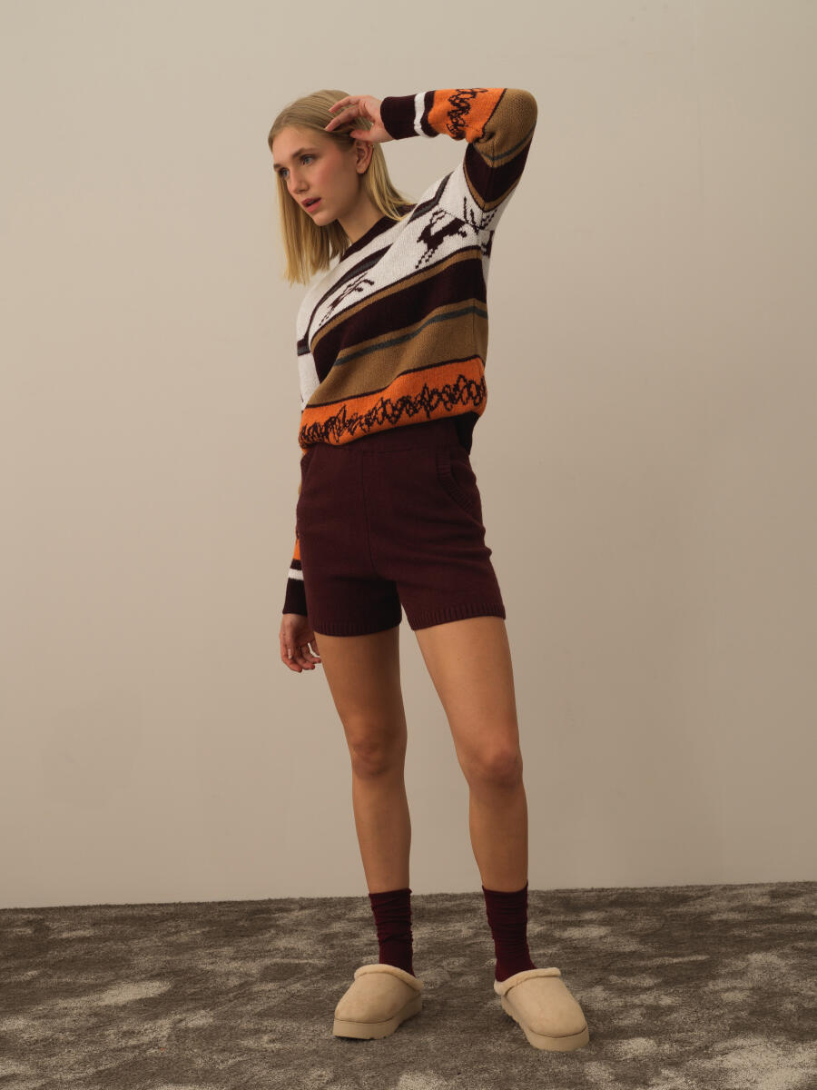 Bordo Doğal Yün Dokulu Regular Fit Şort - 3