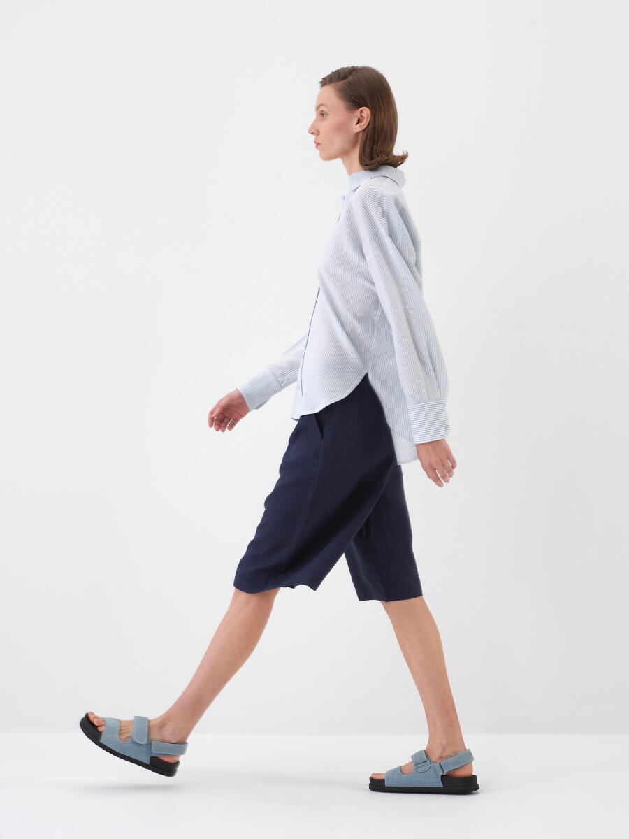 Lacivert Oversize Keten Şort - 3