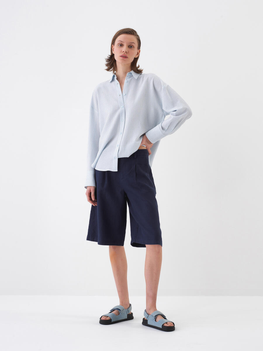 Lacivert Oversize Keten Şort - 2