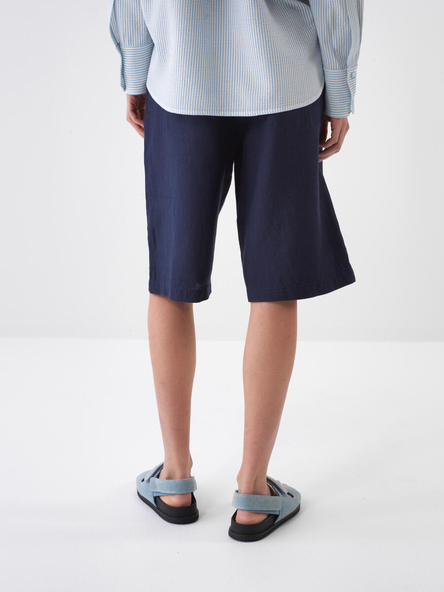 Lacivert Oversize Keten Şort - 4