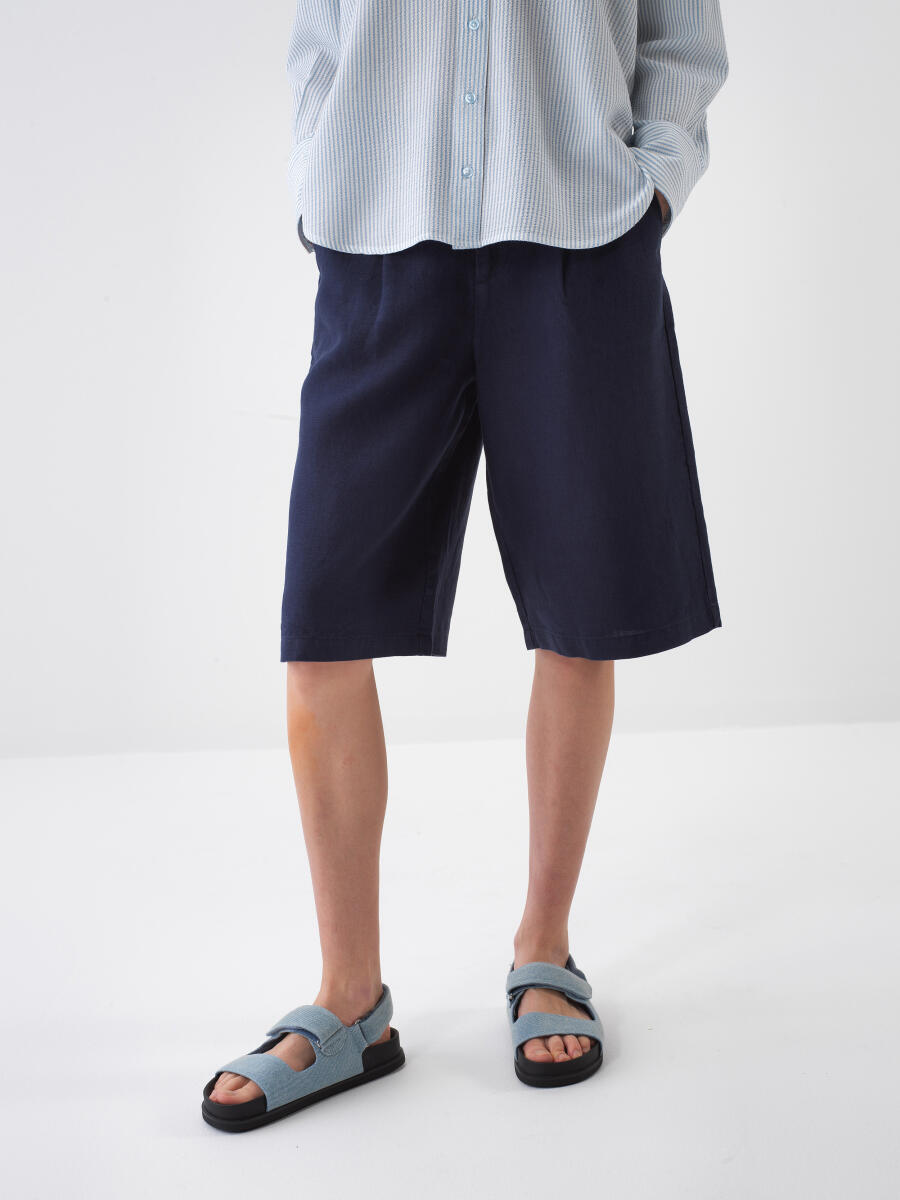 Lacivert Oversize Keten Şort