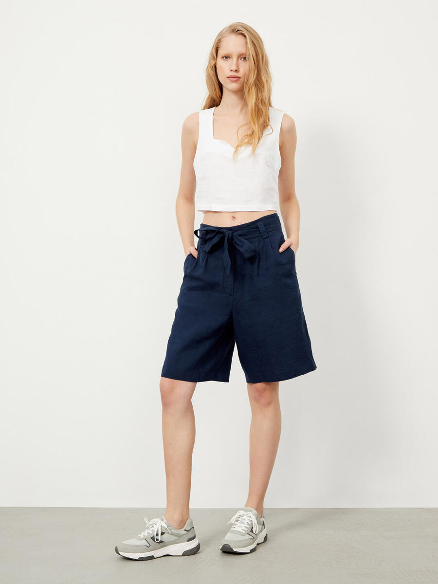 Lacivert Regular Fit Keten Şort - 2