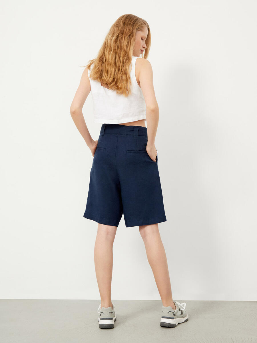 Lacivert Regular Fit Keten Şort - 4
