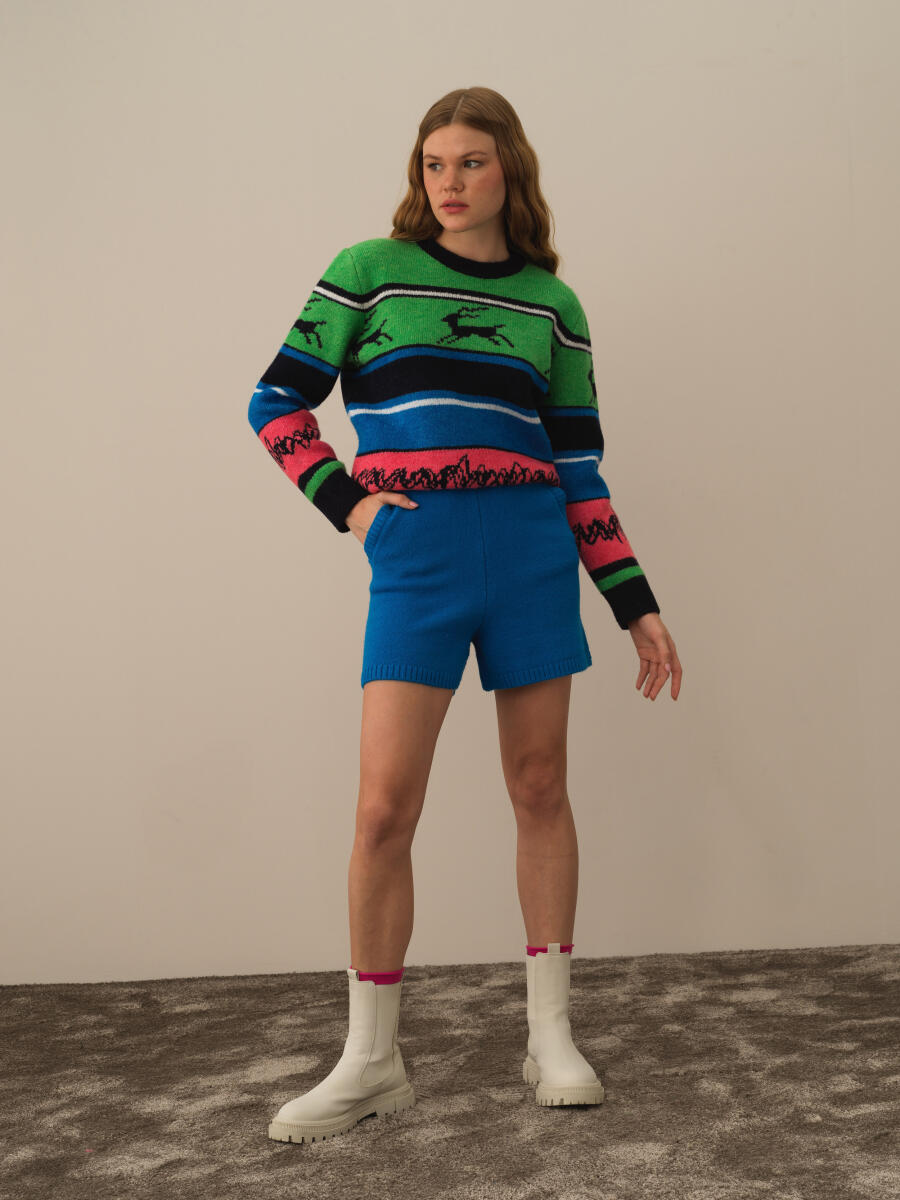 Mavi Doğal Yün Dokulu Regular Fit Şort - 2