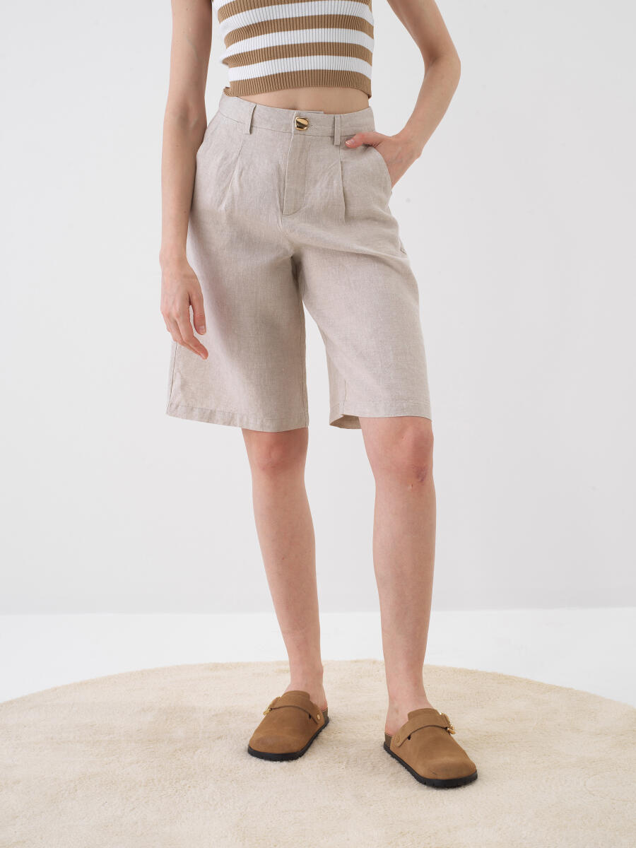 Naturel Oversize Keten Şort