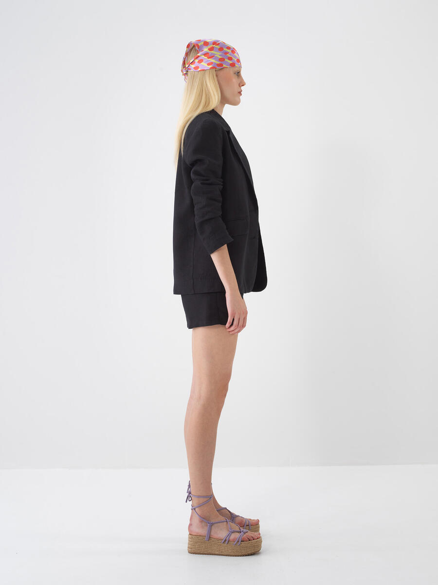 Siyah Regular Fit Keten Basic Şort - 2