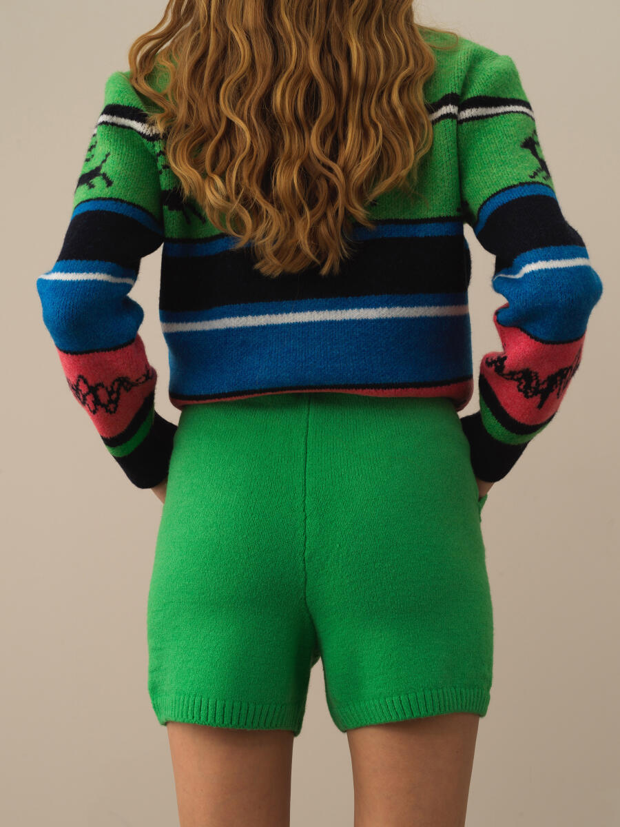 Yeşil Doğal Yün Dokulu Regular Fit Şort - 3