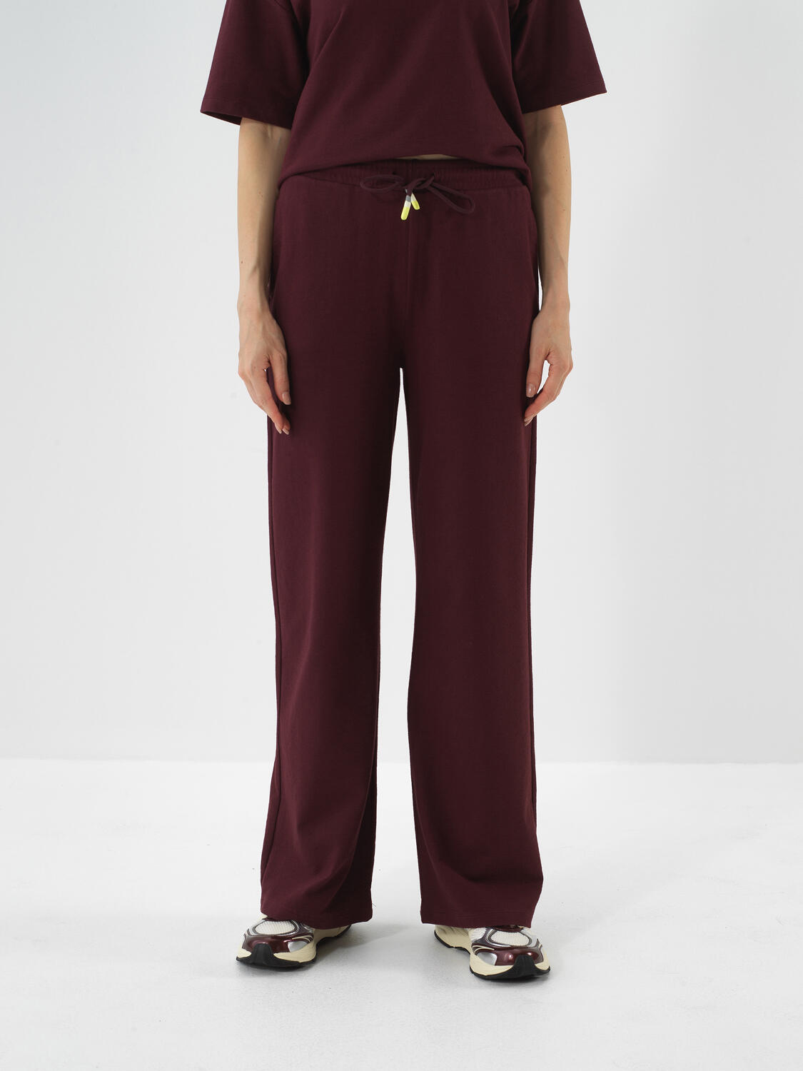 Bordo Pamuk Dokulu Oversize Sweat Pantolon