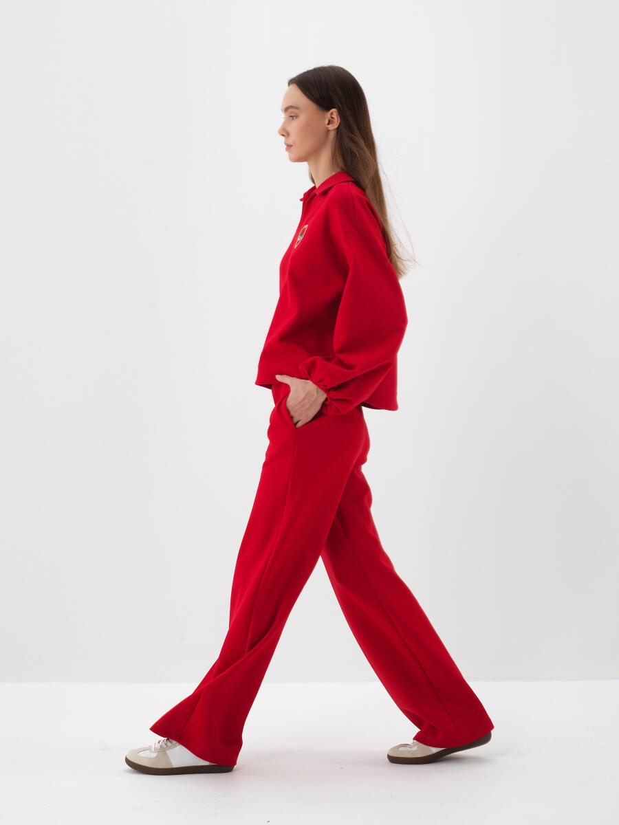 Kırmızı Pamuk Dokulu Oversize Sweat Pantolon - 3