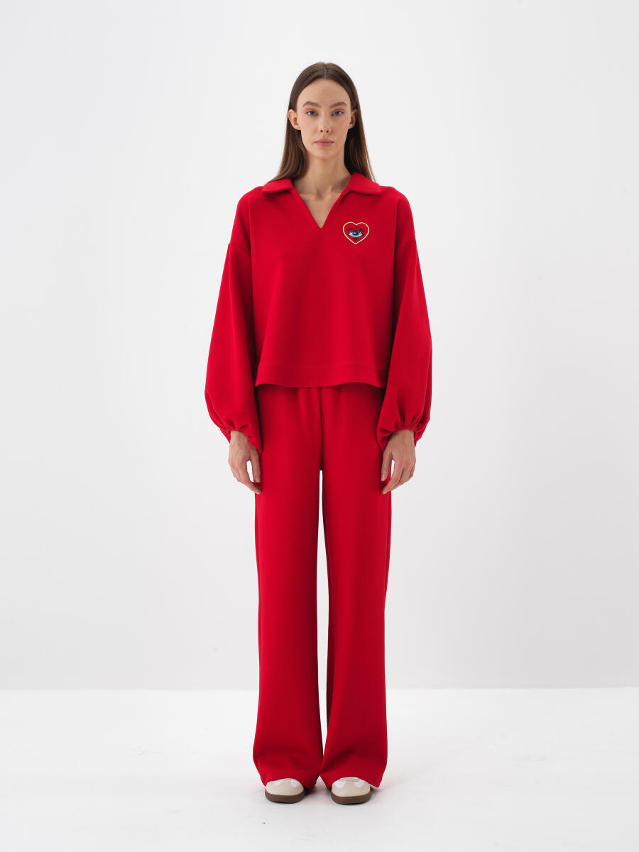 Kırmızı Pamuk Dokulu Oversize Sweat Pantolon - 2