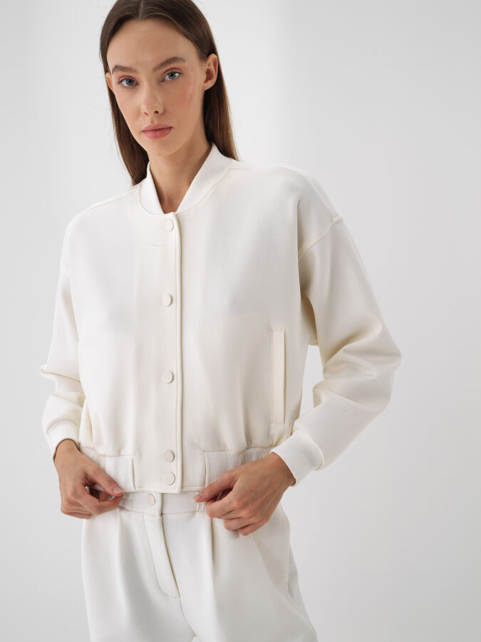 Ekru Pamuk Dokulu Oversize Sweatmont - Xint