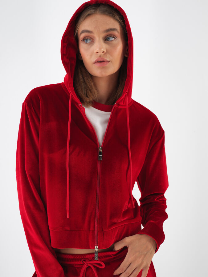 Kırmızı Lüks Dokulu Soft Kadife Regular Fit Sweatmont - Xint