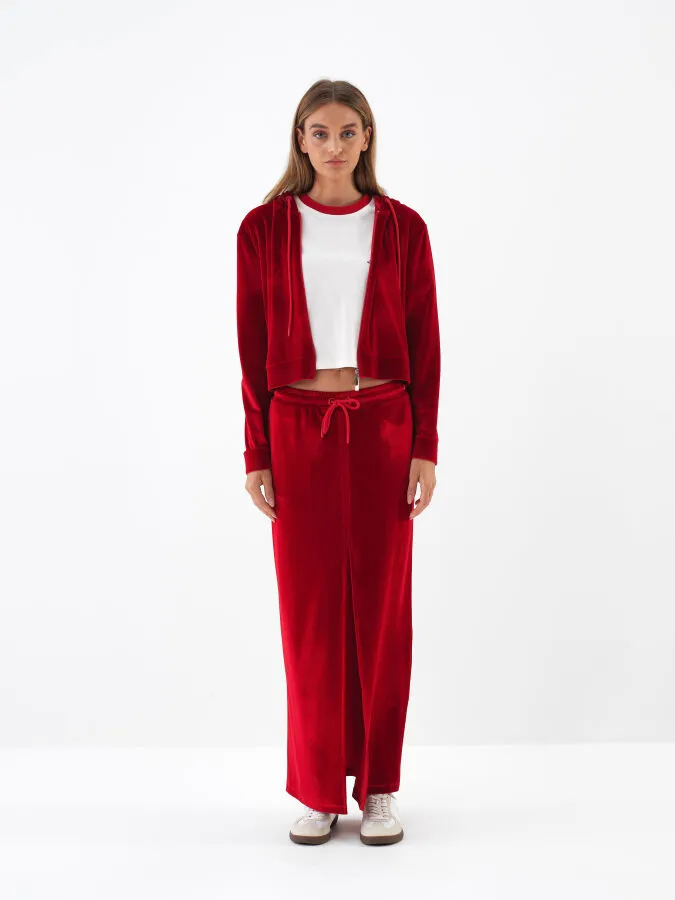 Kırmızı Lüks Dokulu Soft Kadife Regular Fit Sweatmont - Xint