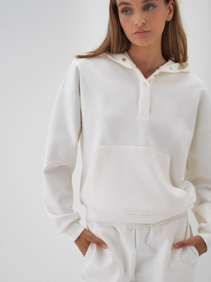 Ekru Pamuk Dokulu Oversize Sweatshirt - Xint
