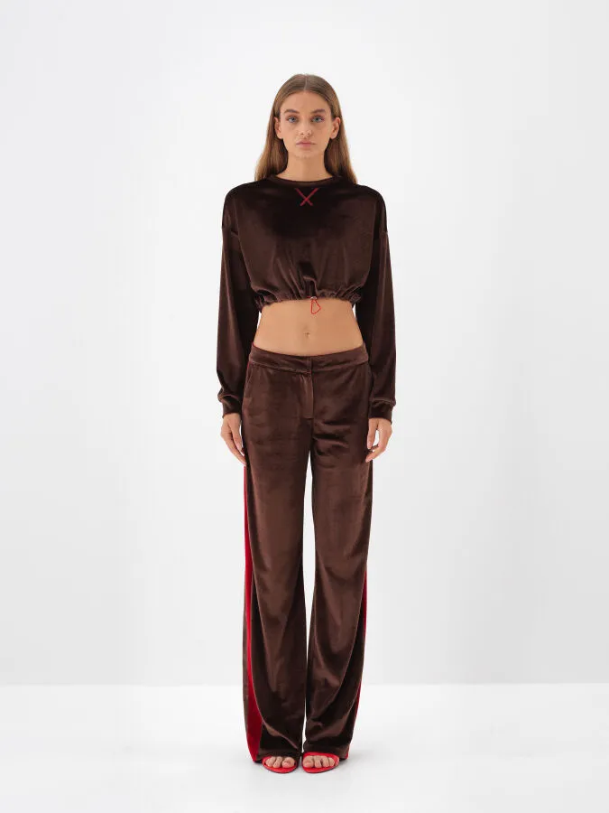 Kahverengi Lüks Dokulu Soft Kadife Oversize Sweatshirt - Xint