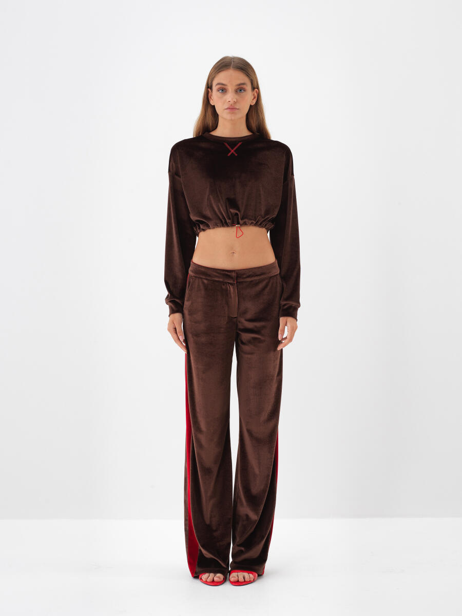 Kahverengi Lüks Dokulu Soft Kadife Oversize Sweatshirt - 2