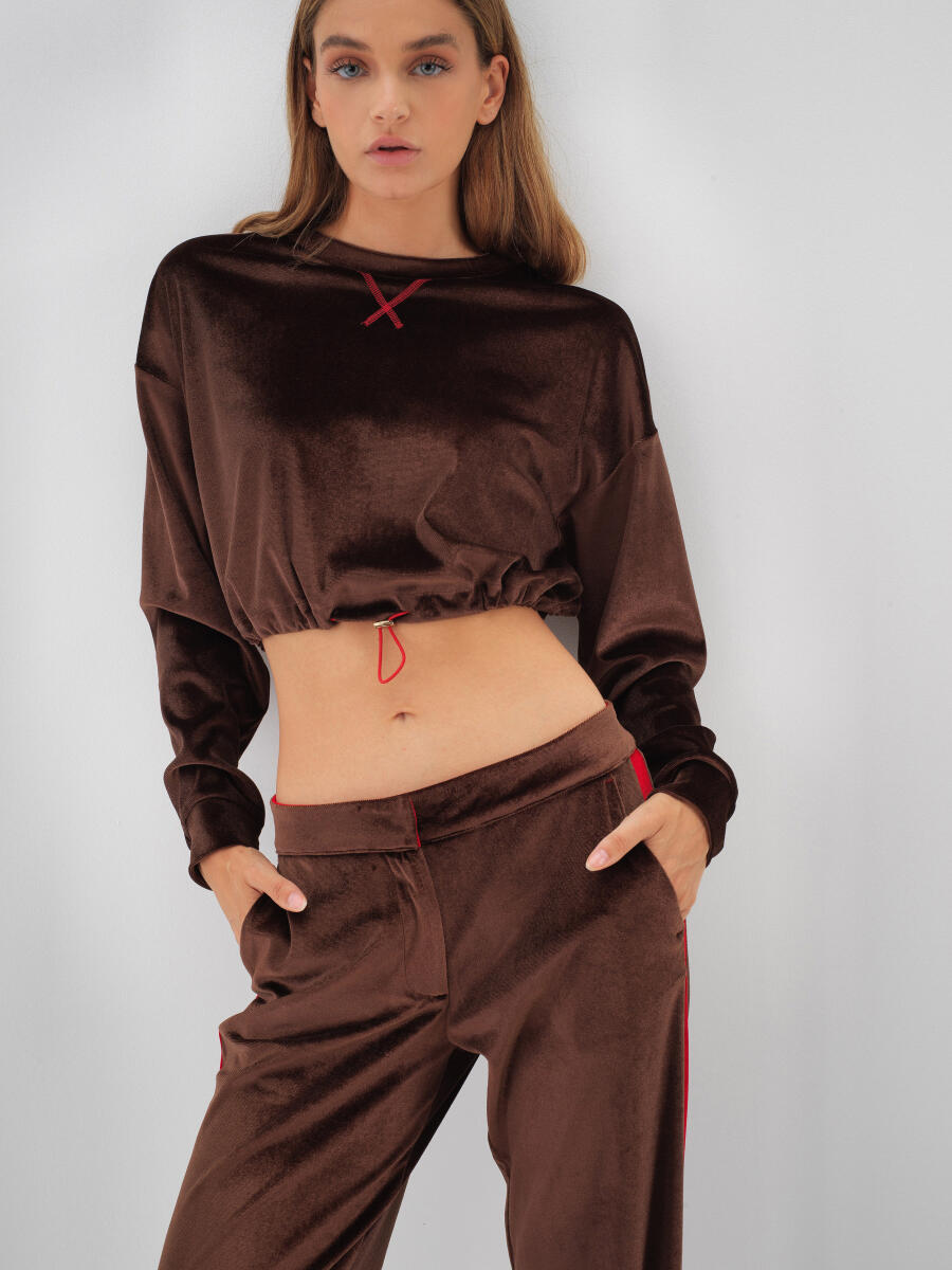 Kahverengi Lüks Dokulu Soft Kadife Oversize Sweatshirt - 3