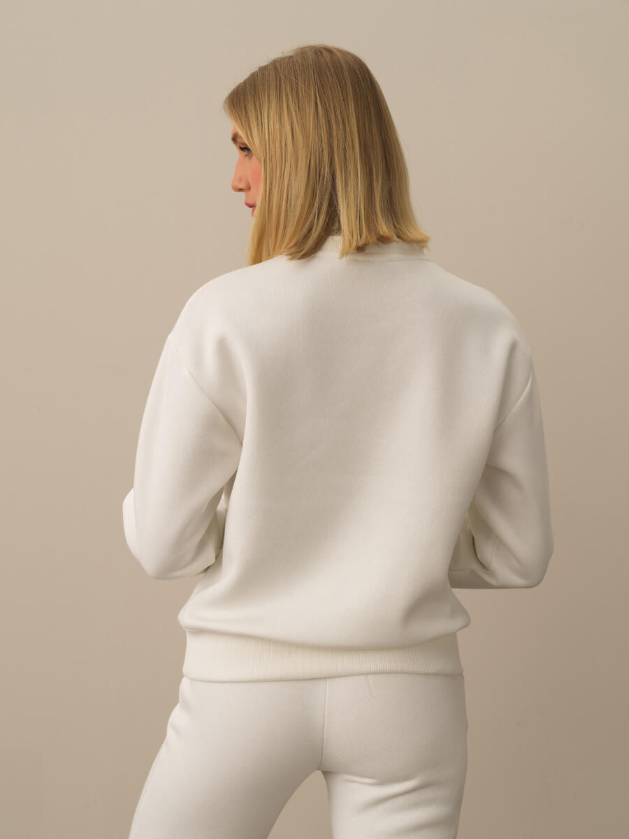 Kırık Beyaz Pamuk Dokulu Oversize Sweatshirt - 4