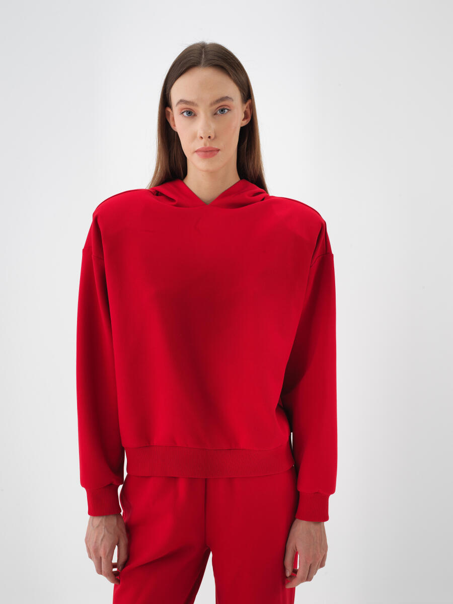 Kırmızı Pamuk Dokulu Oversize Sweatshirt