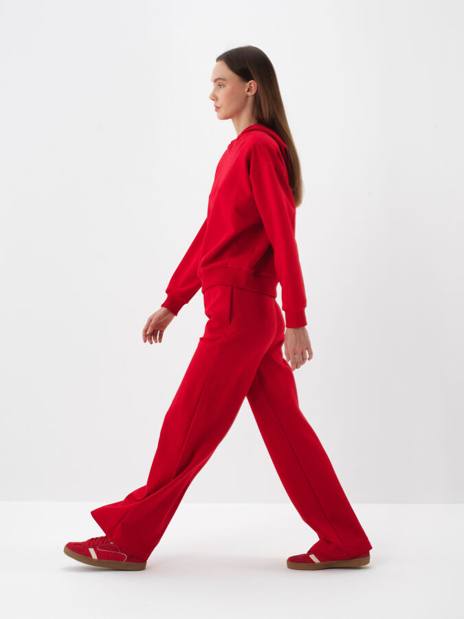 Kırmızı Pamuk Dokulu Oversize Sweatshirt - Xint