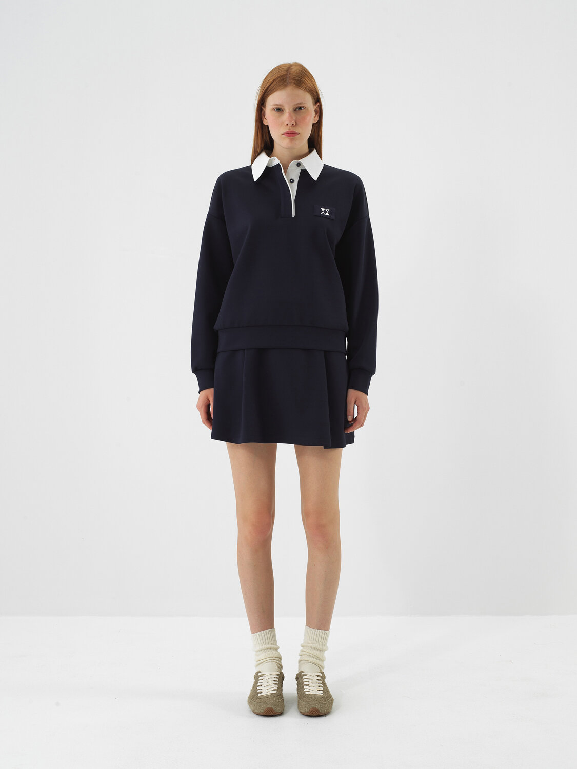 Lacivert Esnek Dokulu Oversize Sweatshirt - Xint