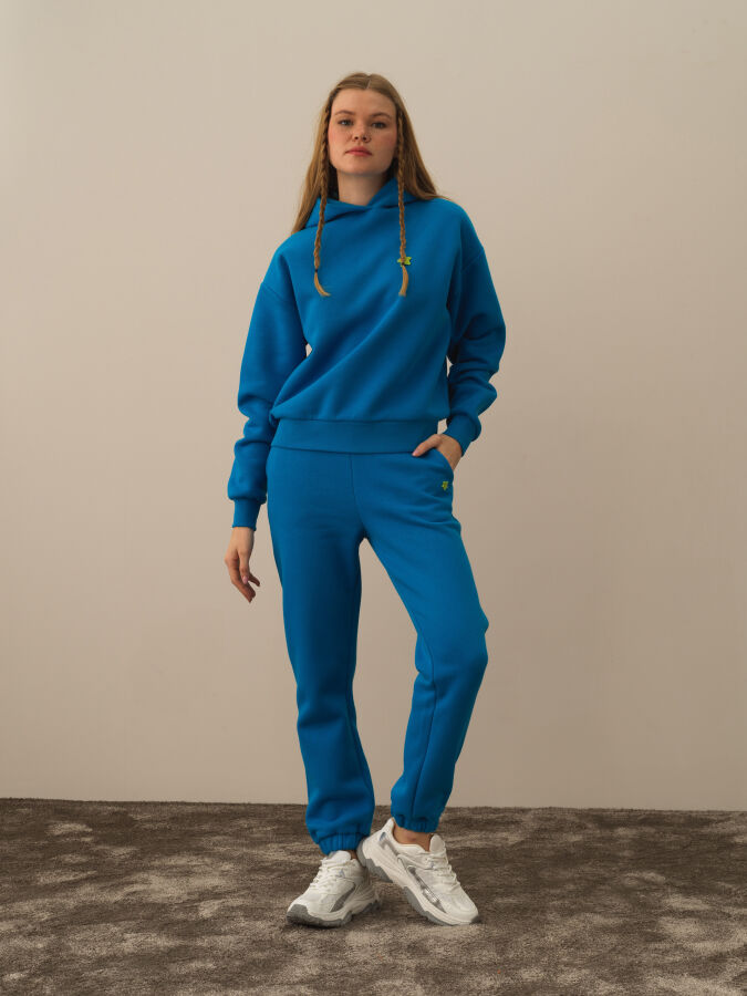 Mavi Pamuk Dokulu Oversize Sweatshirt - Xint