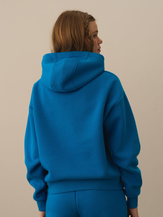 Mavi Pamuk Dokulu Oversize Sweatshirt - Xint