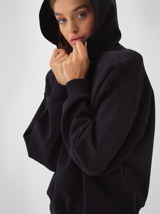 Siyah Pamuk Dokulu Oversize Sweatshirt - Xint