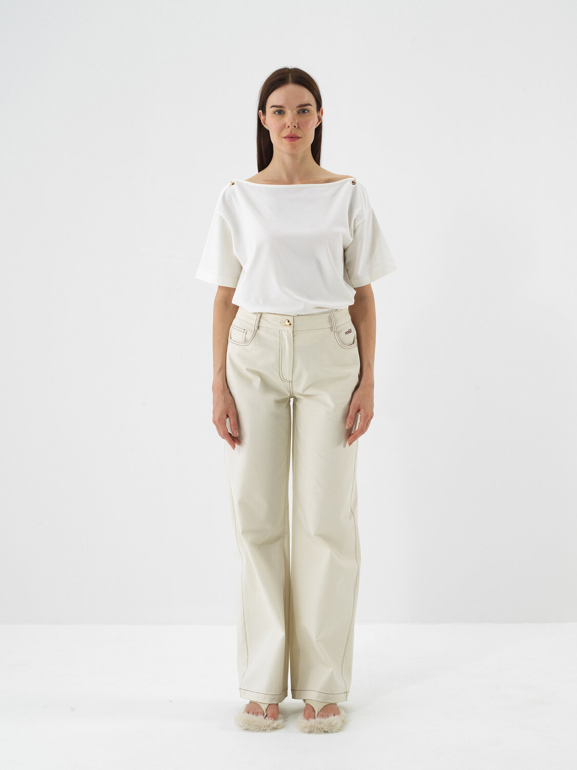 Ekru Pamuk Dokulu Oversize Tişört - Xint