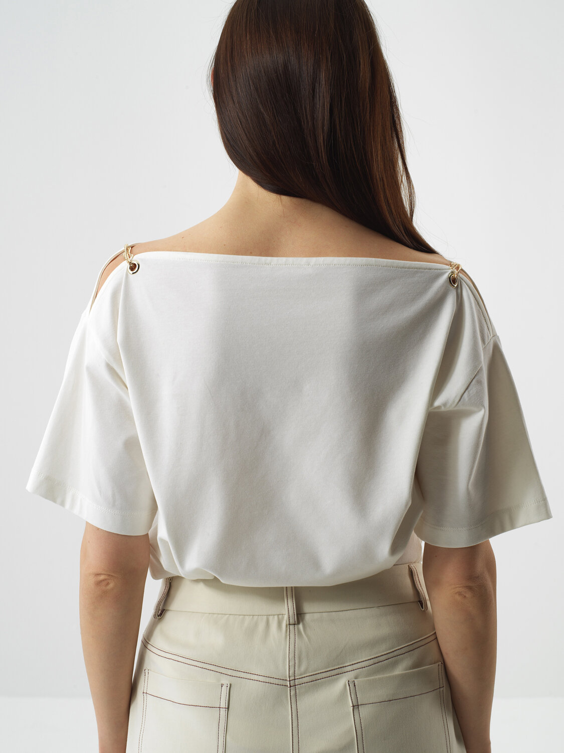 Ekru Pamuk Dokulu Oversize Tişört - Xint