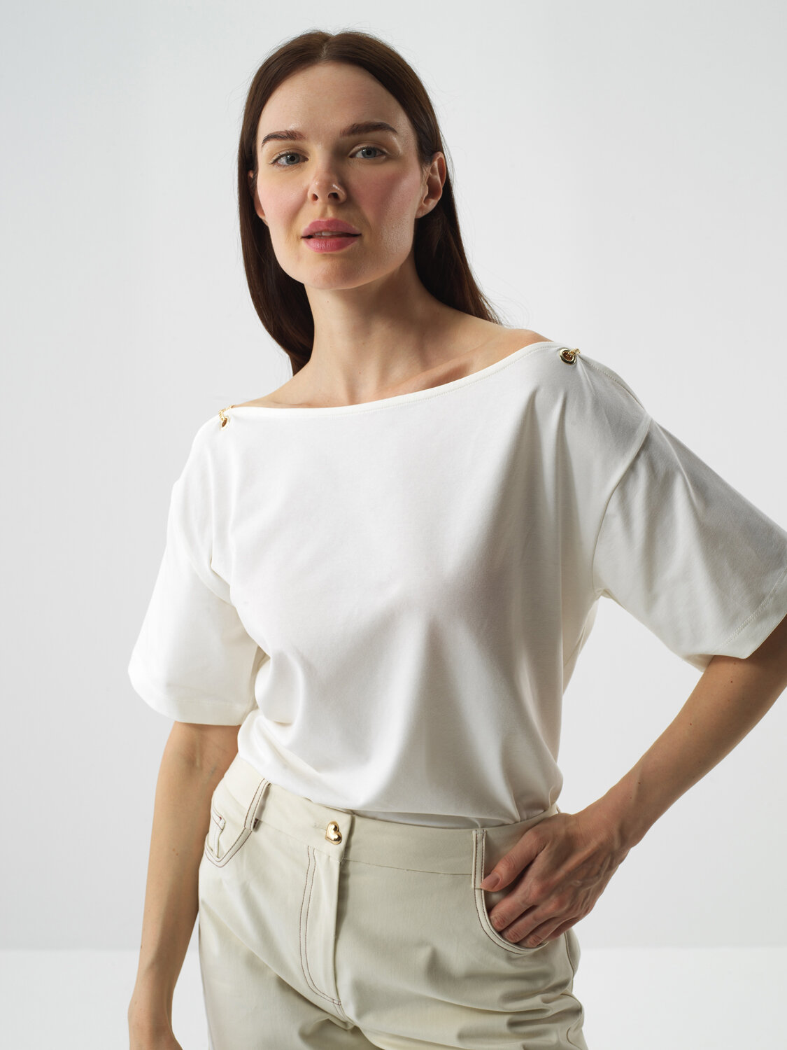 Ekru Pamuk Dokulu Oversize Tişört - Xint