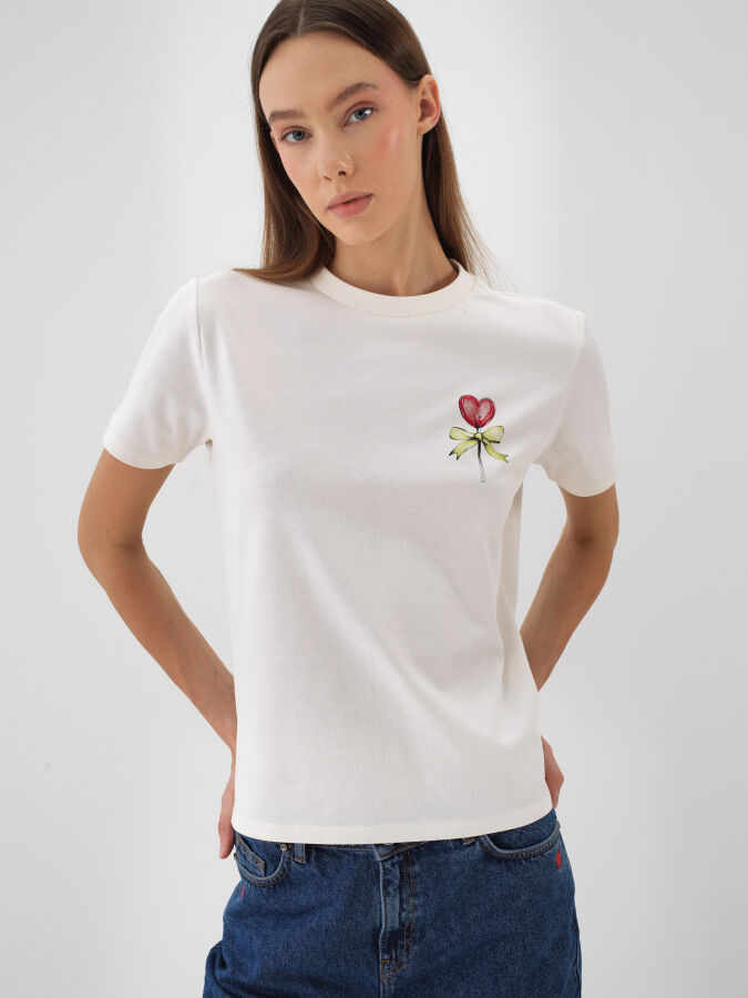 Ekru Pamuk Dokulu Regular Fit Tişört - Xint