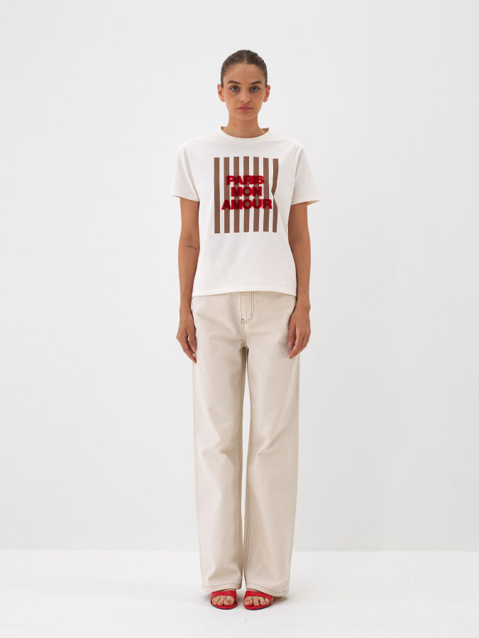 Ekru Pamuk Dokulu Regular Fit Tişört - Xint