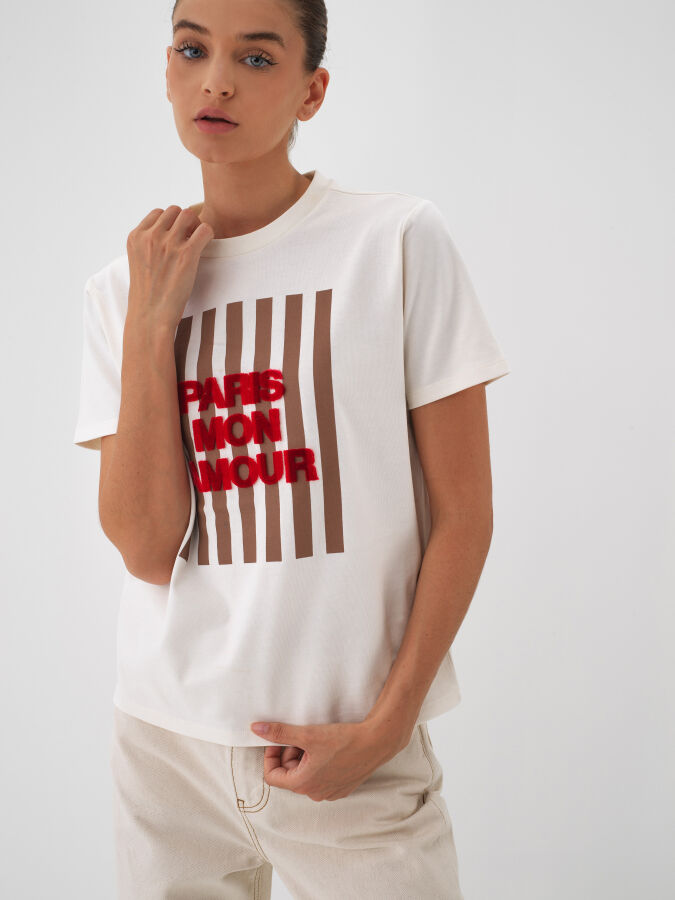 Ekru Pamuk Dokulu Regular Fit Tişört - Xint