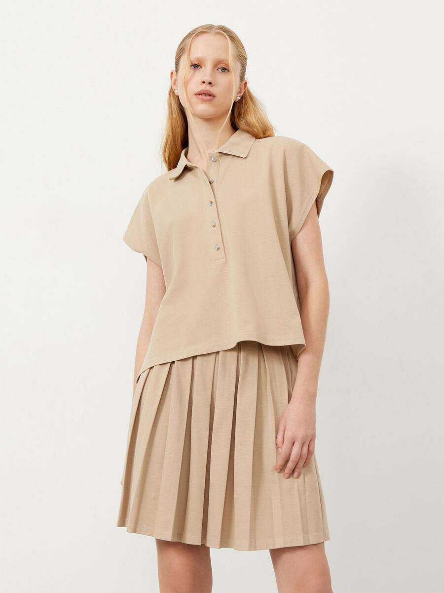Kum Rengi Oversize Pamuklu Polo Yaka Basic Tişört - 3