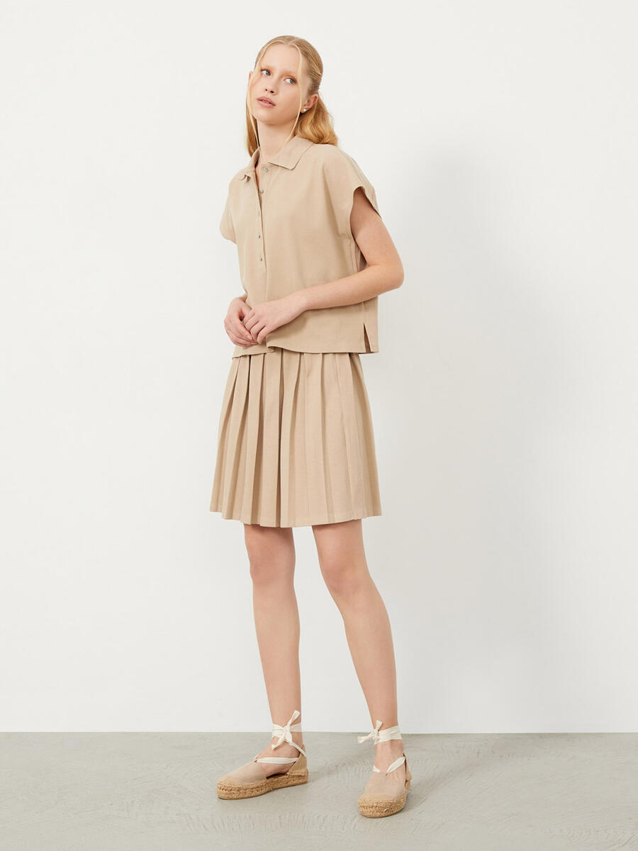 Kum Rengi Oversize Pamuklu Polo Yaka Basic Tişört - 2