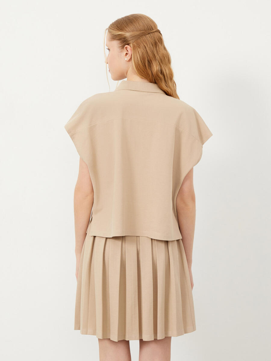 Kum Rengi Oversize Pamuklu Polo Yaka Basic Tişört - 4