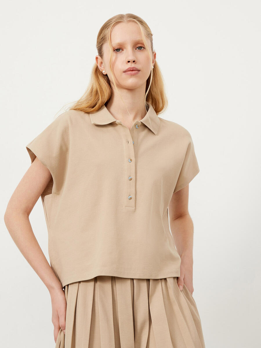 Kum Rengi Oversize Pamuklu Polo Yaka Basic Tişört